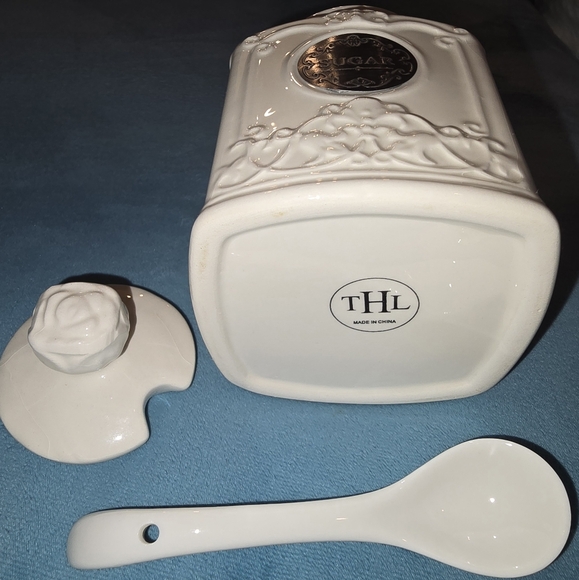 THL Classic French Chic Porcelain Rose Top White Sugar Bowl Farmhouse - Picture 5 of 8